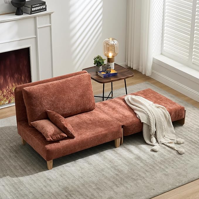 SLEERWAY Large 3 in 1 Convertible Futon Sofa Bed Chair 35 W Extra Wide Sleeper Chair Bed with Pull Out Couch Modern Chenille Chaise Lounge Armchair for Living Room Bedroom Playroom Orange