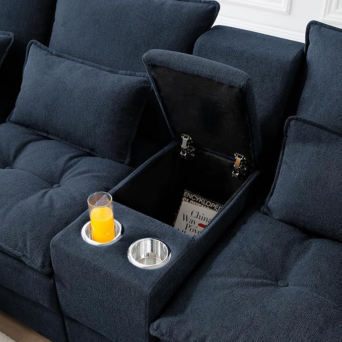 KEIKI 130 U-Shaped Sofa with Storage Console Cup Holders Upholstered 6 Seat Sectional Sofa Button Tufted Cloud Cushion Couch for Home Office Apartment Blue
