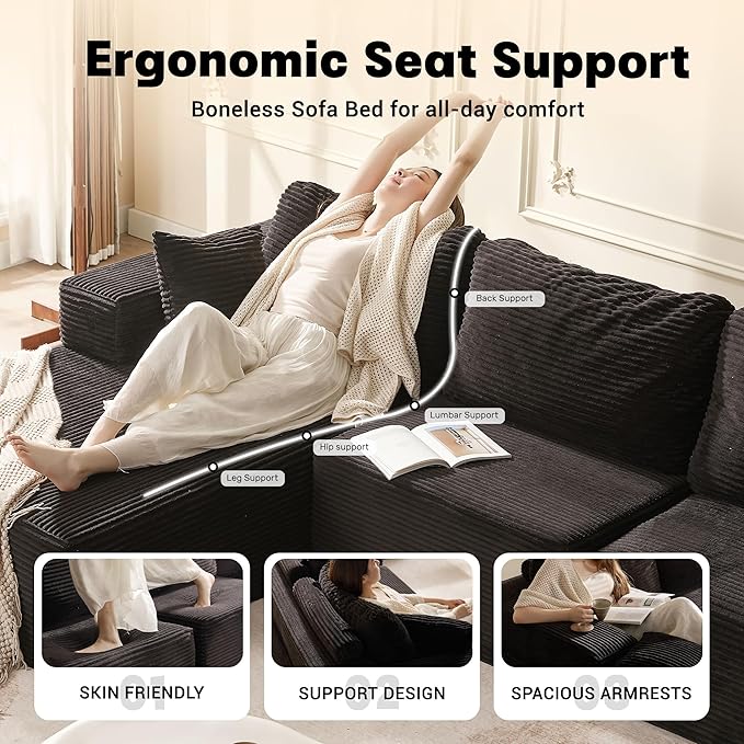 138 Boneless Couch with Deep Seat Set of Modular Sectional Sofa Cloud Sectional Couch for Living Room No Assembly Required Corduroy 4 Seater L-Shape Left Black