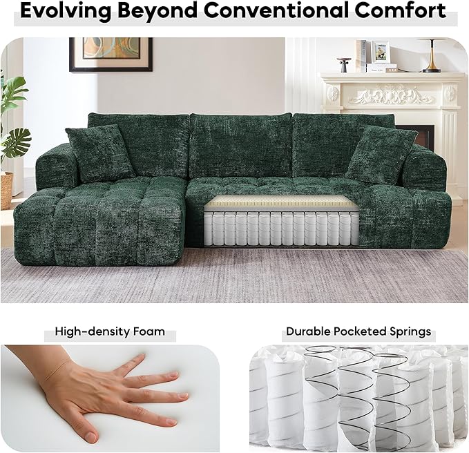 108” Modular L-Shaped Sectional Sofa Couch with Deep Seat Compressed Chenille Boneless Cloud Couch with Tufting for Living Room No Assembly Required (Dark Green Left Facing Chaise)