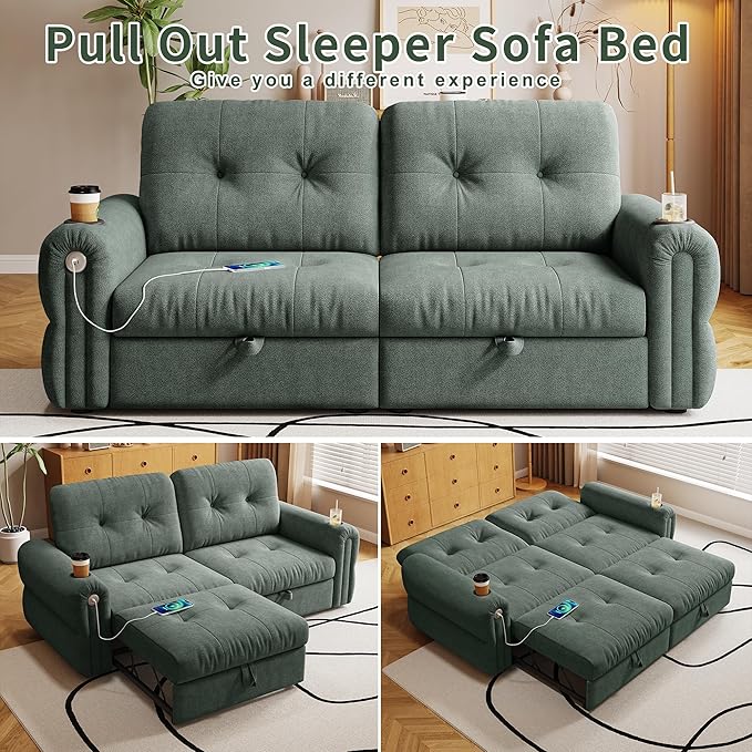healthomse 77 Queen Size Sofa Bed 3-in-1 Convertible Sleeper Sofa Bed with Adjustable Backrest Modern Chenille Couch with Cup Holder and USB Ports for Living Rooms Bedrooms Small Spaces