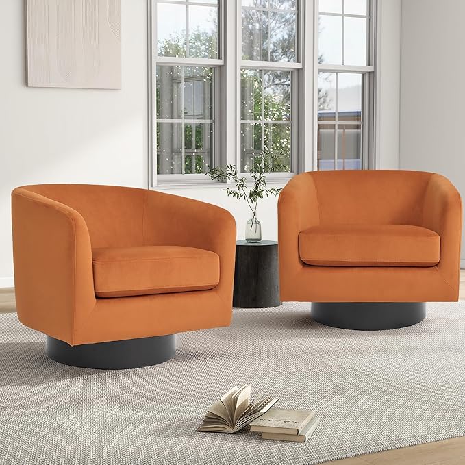 Swivel Barrel Chair Modern Round PU Leather Accent Armchair for Living Room Bedroom Oversized Comfy Club Reading Chairs for Adults (Velvet Orange Set of 1)