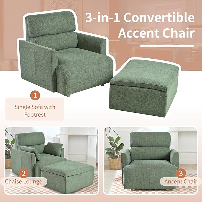 Snowflake Fleece Oversized Accent Chair with Storage Ottoman - 26.57 Wide Deep Seat Reading Chair Convertible Daybed 400lbs Capacity for Living Room &amp Apartment (Green)