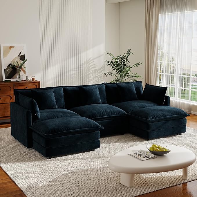 Modular Sectional Sofa 111.5 U Shaped Sectional Couch 5 Seater Comfy Cloud with Movable Ottoman for Living RoomBlue