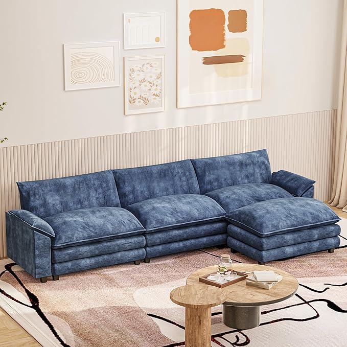 Furniwell 119 Modular Couch 3-Seat Sofa with Reversible Ottoman Cloud Couch L Shaped Sofa with Deep Seat Chenille Sectional Couches for Living Room