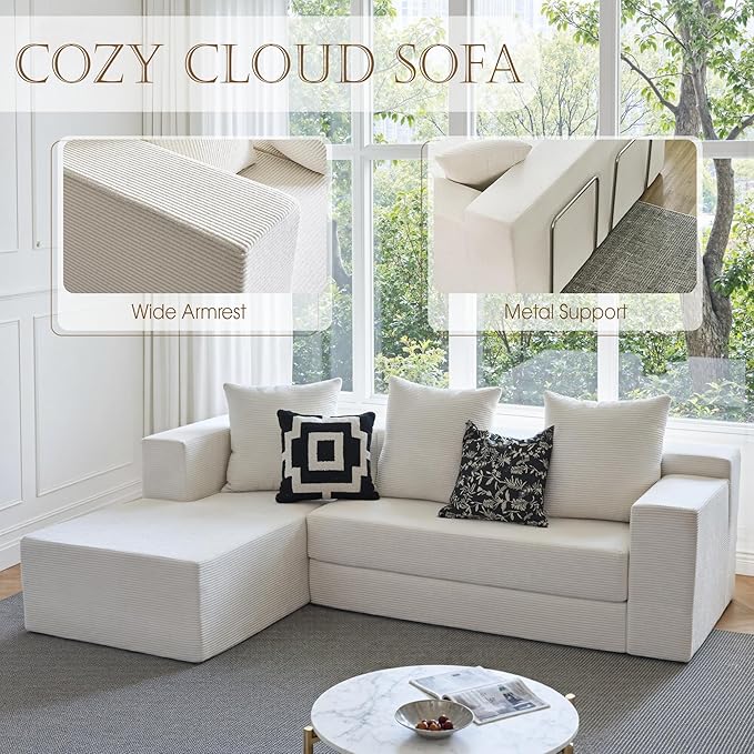 YINIX 106 Modular Sectional Sofa Modern Cloud Couch with L-Shape Chaise Upholstered Boneless Couches with Deep Seat Comfy Corduroy Sofa for Living Room Bedroom No Assembly (Beige)