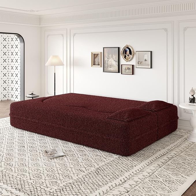 78” Floor Sleeper Sofa Bed Modern 2 in 1 Full Size Foldable Mattress with 2 Pillows Convertible Boneless Couch with Deep Seat for Living Room No Assembly Required (Burgundy &amp Teddy) | No Assemb