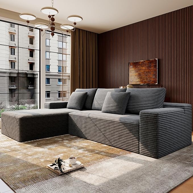 Boneless Modular Sectional Sofa Cloud Couch with Left Facing Chaise Oversized Deep Seat L-Shaped Soft Corduroy Fabric Sectional Couch for Living Room -Grey