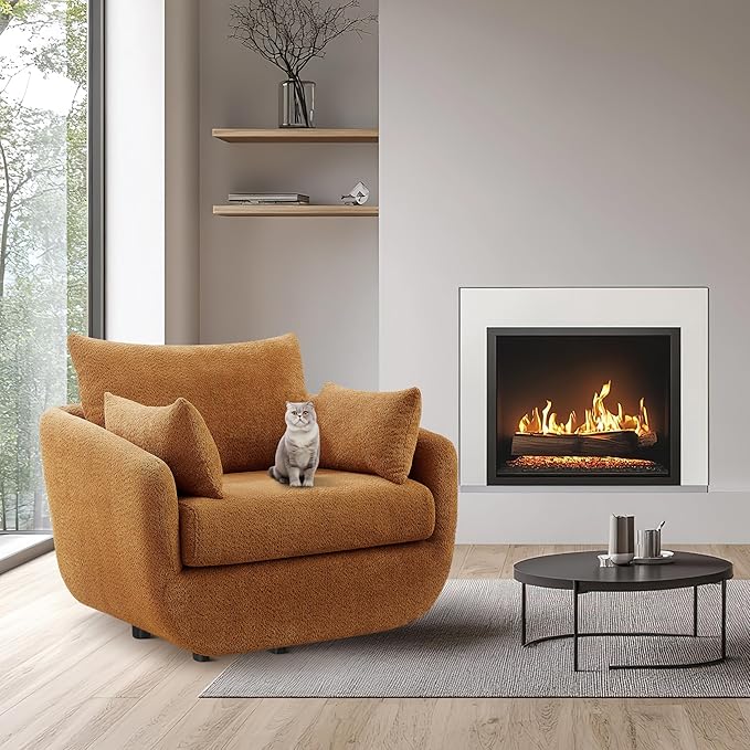 360° Swivel Accent Armchair Set of 2 39.3 Oversized Sherpa Boucle Fabric Sofa Chair with Removable Back &amp Arm Pillows Swivel Chairs with Cozy Soft Padded Curry