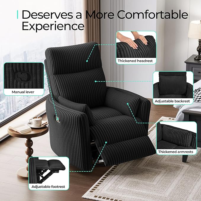LINSY 360 Swivel Recliner Chair Nursery Glider Rocking Chair with 2 Pillows Corduroy Nursing Chair Comfy High Back Adult Rocker Recliner for Small Spaces Nursery Bedroom Living Room (Black)