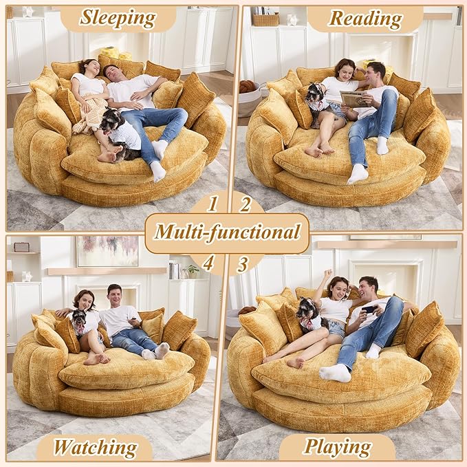 81'' Cloud Couches for Living Room Comfy Circle Round Couch Bed with 14 Pillows Upholstered Boneless Couch Oversized Chaise Lounge Chair Indoor Extra Wide Round Daybed Floor Sofa (Yellow)