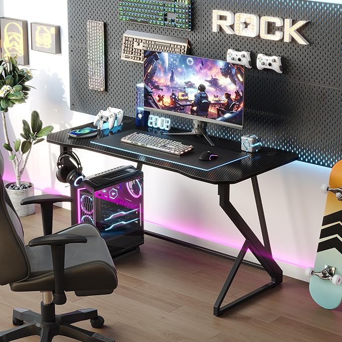Grandder Gaming Desk Z Shaped 40 Inch Gamer Workstation Home Computer Carbon Fiber Surface Gaming Desk PC Table with Headphone Hook Carbon Fiber Black