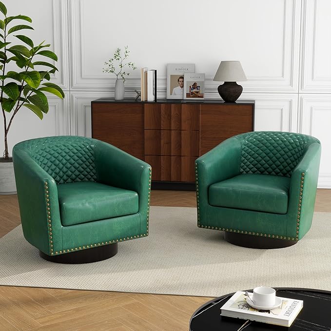 Swivel Barrel Accent Chair Comfy Modern Upholstered Round Faux Leather Arm Chair for Living Room Bedroom（Green Set of 4