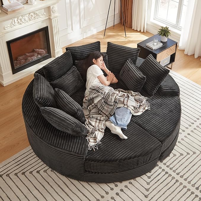 78.5 Corduroy Boneless Round Oversized Sofa Converts into Two Recliners 2-in-1 Sofa Bed Convertible Lounge Chair Neck Pillow Design with Five Throw Pillows (Black Full Circular Sofa)