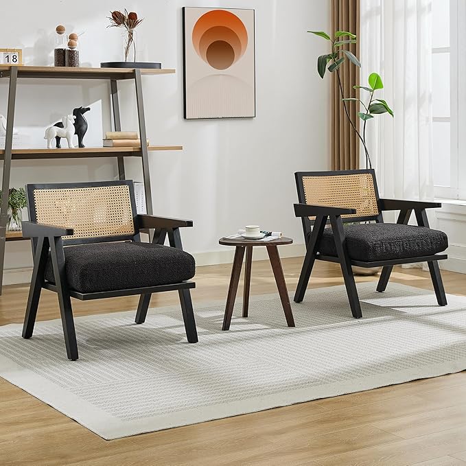 GarveeHome Mid-Century Farmhouse Accent Chair - Wood Armchair with Rattan Backrest &amp Linen Cushion for Living Room Bedroom - Black Easy Assembly