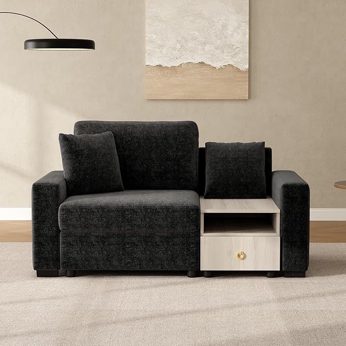 Christopher Knight Home Onvi 63.2'' Lounge Sofa Couch with Storage Armrest and Center Console Chenille Upholstered Home Sofa Living Room 1 Seater Sofa with Removable Plush Pillows Black