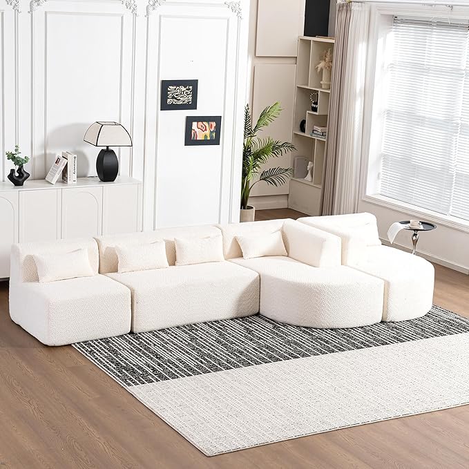 144 Modular Sectional Couch 5-Seat Cloud Sofa Compression Sofa with Two Chaise Lounge and 5 Back Pillows Boucle Fabric No Assembly Required Ideal for Living Room or Apartment Beige