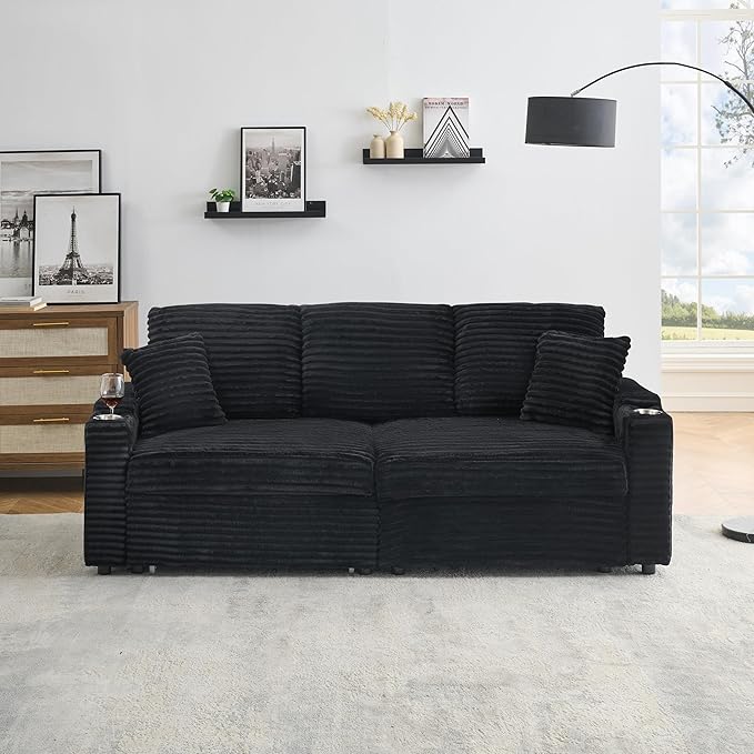 KEIKI 80 Pull Out Folding Sofa 2 in 1 Foldable Couch with Hidden Lying Function Cup Holder Corduroy Loveseat Sofabed for Apartment Living Room Office Black