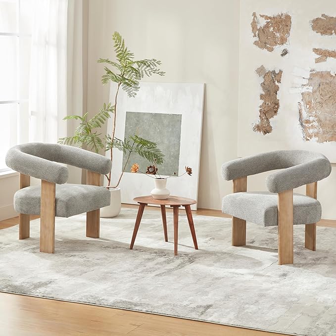 VKNOW Accent Chair Living Room Chairs Set of 2 Modern Upholstered Arm Chair with Solid Wood Legs Comfy Barrel Accent Chairs for Living Room Bedroom Grey