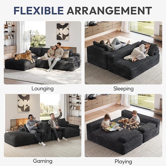 Yaheetech 110 Modular Sectional Sofa Corduroy Boneless Couch with Chaise L-Shape Cloud Couch with Detachable Pillows No Assembly Sofa for Living Room Dark Gray