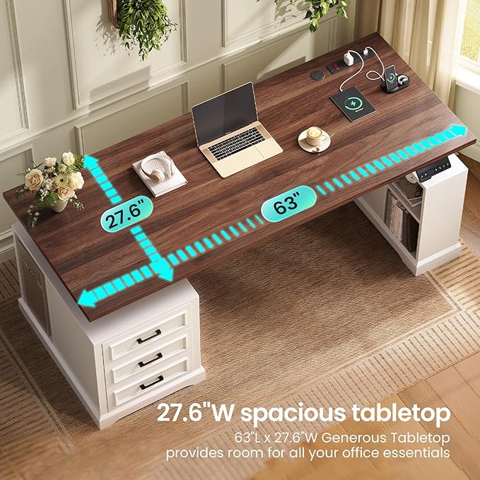 SEDETA Farmhouse Electric Standing Desk 63 Height Adjustable Computer Desk with 3 Drawers Storage Shelves Power Outlets Wood Home Office Stand up Desk for Work Study Writing White