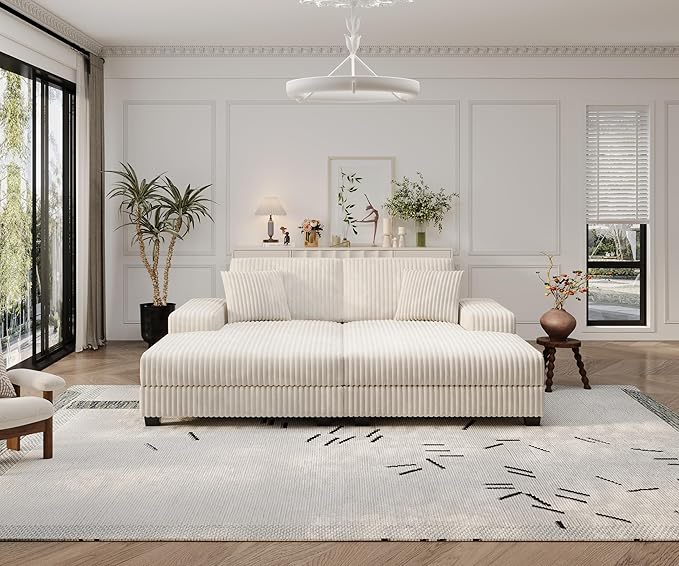 79.5 Oversized Corduroy Modular 2-Seat Sectional Couch with Extra-Wide Armrest Storage and Double Chaise Lounge Modern Convertible Sleeper Sofa for Living RoomBeige