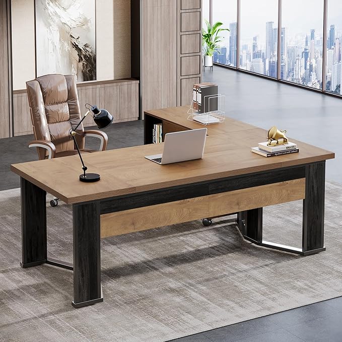 Tribesigns 70.86 Executive Desk with Mobile File Cabinet Large L Shaped Computer Office Desk with 2 Drawers and Storage Shelves Business Furniture Desk Workstation for Home Office (Light Brown)