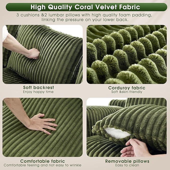 WorthFurni Cloud Modular Sofa Couch with L-Shape ChaiseModern Sectional with Deep Seat Upholstered Couches for Living Room BedroomNo Assembly Required Plush Corduroy Fabric 102(Green)