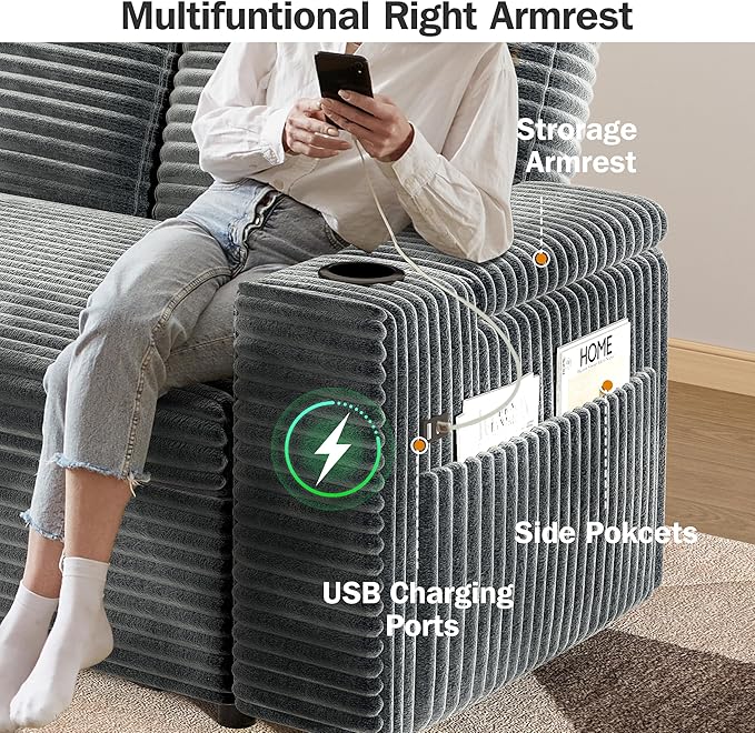 Vipbear 65 Loveseat Sleeper Sofa with Pull Out Bed Plush Corduroy 3-in-1 Convertible Sofa Bed with Reclining Backrest|USB Ports|Cup Holders|Side Table|Storage Armrests Tool Free Assembly Grey