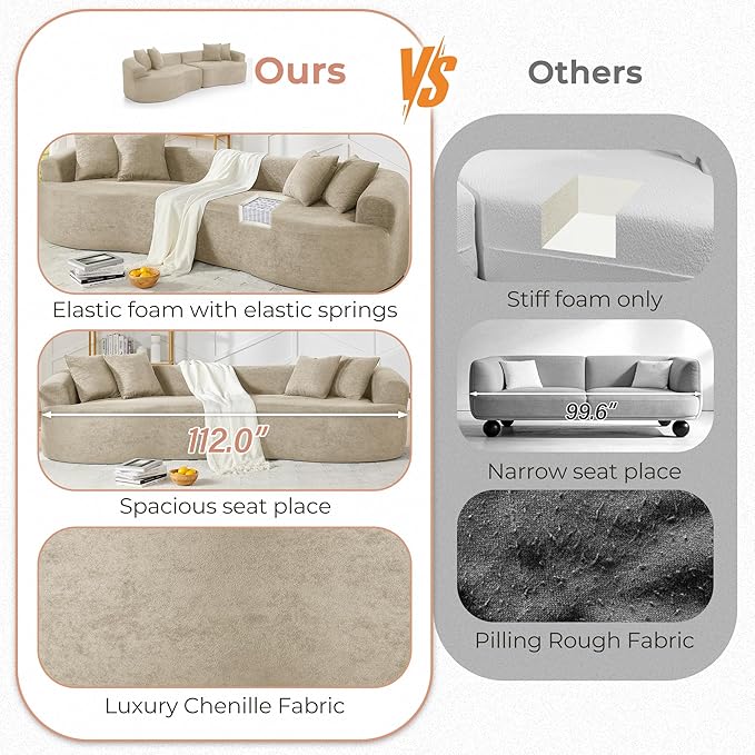 112'' Oversized Curved Modular Sectional Sofa Upholstered Chenille Boneless Couch Comfy Cloud Compression Sofa with Extra Deep &amp Wide Seat for Living Room Apartment Office Camel