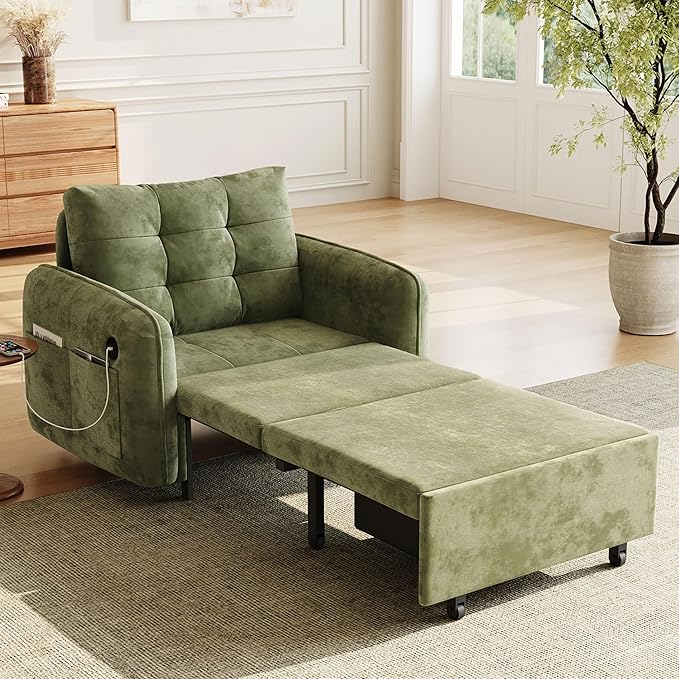 SLEERWAY 3-in-1 Convertible Sleeper Chair Bed Pull Out Sofa Bed with USB Charging Modern Single Lounge Chair with Side Storage Pocket &amp Pillow Multi-Functional Futon Couch for Living Room Gree