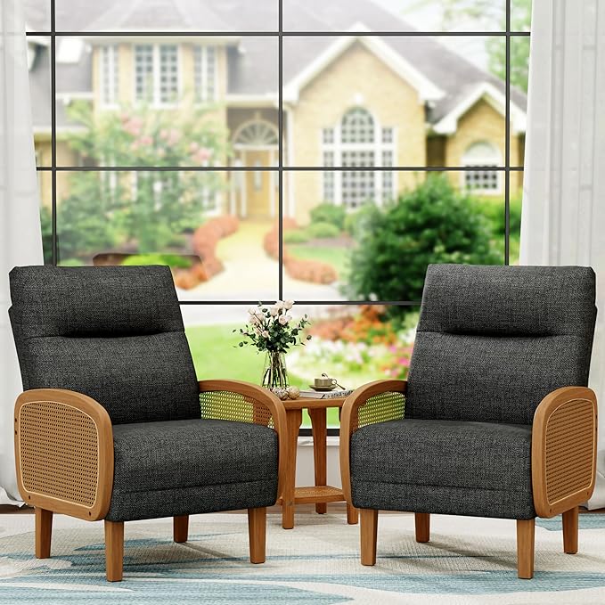 Yongchuang Upholstered Linen Accent Chairs Set of 2 Wood Rattan Armchair Mid Century Modern Bedroom Living Room Chairs Grey