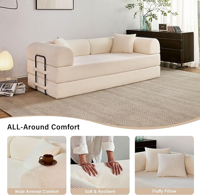 79 5-in-1 Folding Convertible Sofa Bed Oversized Corduroy Futon Floor Couch with Pull-Out Sleeper Modular Boneless Loveseat for Small Spaces Living Room Bedroom (White1)