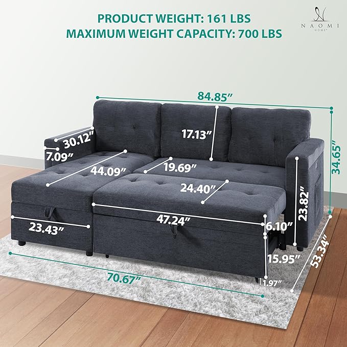 Naomi Home L-Shaped Sectional Sleeper Sofa with USB Ports - Convertible Pull-Out Bed Ample Storage Timeless Design Durable Construction Gray/Microfiber
