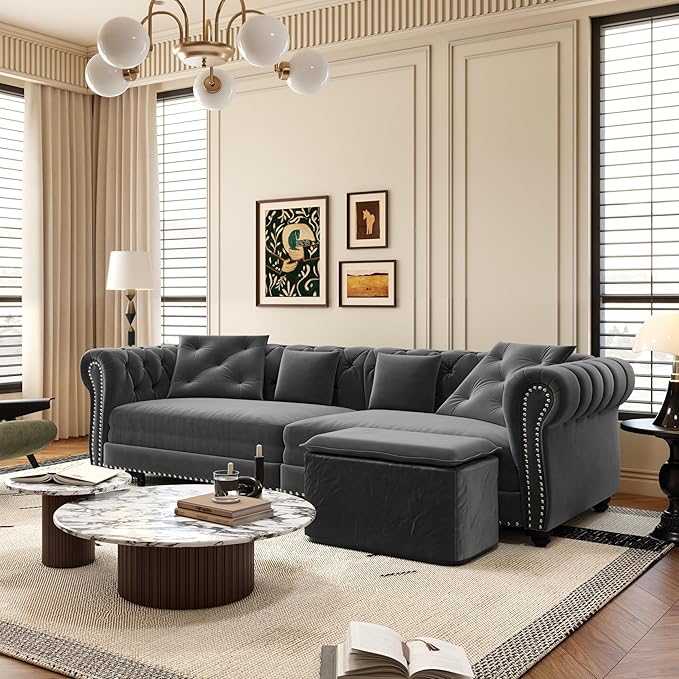 89 King Size Sectional Sofa Bed Couch with Mini Ottoman and 4 Pillows 3 in 1 Convertible Pull Out Sleeper Sofa with Tufted Back and Nail-Head Arm Gray