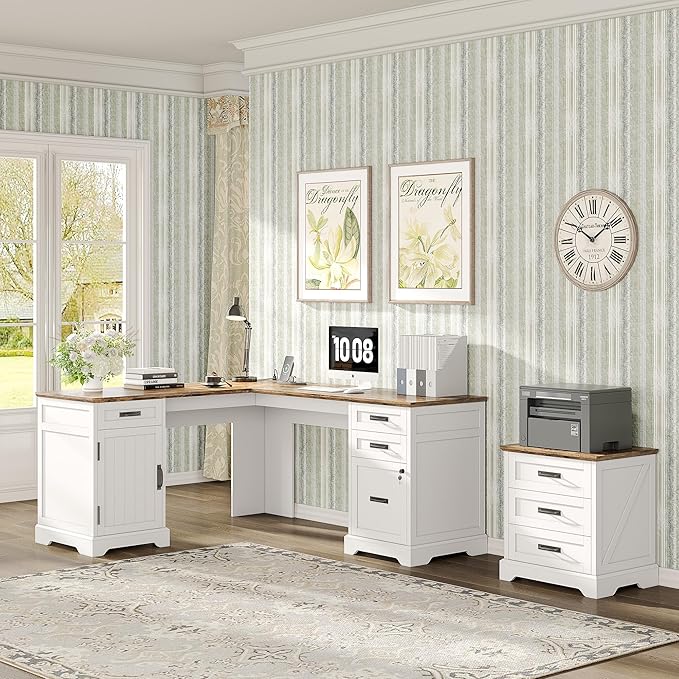 Alohappy 67'' L Shaped Desk with Drawers Farmhouse Corner Computer Desk with File Storage and Charging Station for Home Office White