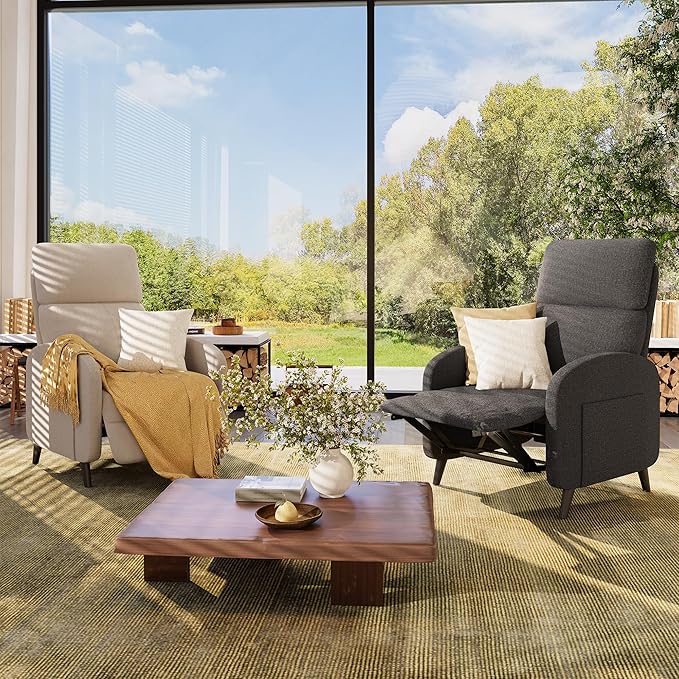 FLEXISPOT XC2 Recliner Chair for Adults Fabric Small Reclining Chair Home Theater Seating with Side Pockets Adjustable Modern Single Sofa Armchair Extended Footrest for Living Room(Gray)