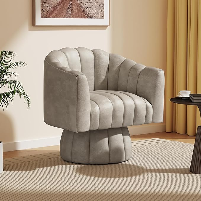 Modern 360 Degree Leather Swivel Cuddle Barrel Accent Sofa Chairs Round Armchairs with Wide Upholstered Leather Reading Chair for Living Room Bedroom Office Waiting Rooms (Dark Almond)
