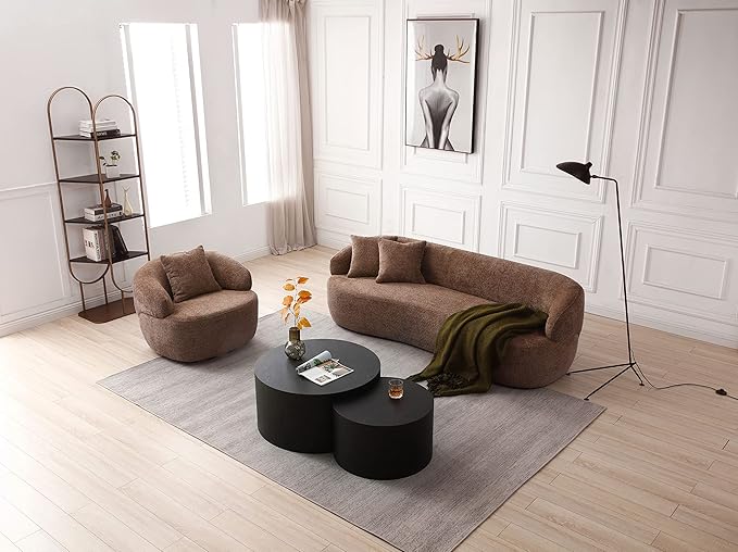 KEIKI 35 Round Oversized Boucle Single Sofa Chair with Ergonomic Design Upholstered Modern Style 1-Seater Corner Swivel Barrel Chair Easy Assembly for Office Apartment Living Room Brown