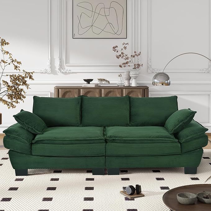Merax 85.4 Modern Curved Corduroy Fabric Sofa Back Upholstered Couch with 2 Decorative Throw Pillows for Living Room Bedroom Apartment Dark Green