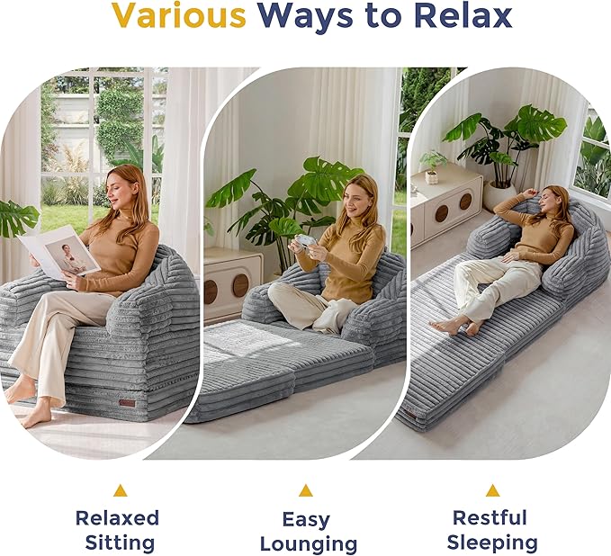 MAXYOYO Folding Sofa Bed 2 in 1 Convertible Sofa to Lounger Comfy Faux Fur Bean Bag Chair for Adults Floor Single Sleeper Couch Chair with Handle Couch Bed for Living Room Bedroom Grey