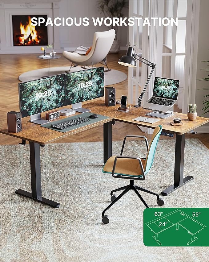 Marsail Standing Desk Adjustable Height with 4-in 1 Electical Outlet L Shaped Electric Standing Desk with Headphone Hook Stand up Desk for Home Office Sturdy Writing Workstation Rustic