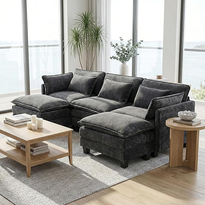 Pipishell Sectional Couches for Living Room 110.6 U-Shaped Modular Sectional Sofa 5-Seat Chenille Deep Seat Cloud Couch with 2 Movable Ottomans &amp Throw Pillows Grey
