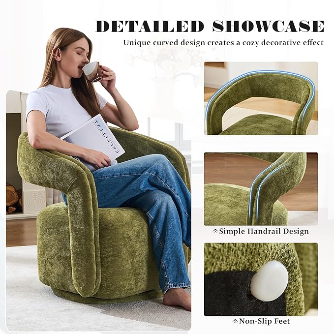 FOXHUNTER Swivel Accent ChairModern Upholstered Barrel ChairOversized Round Accent Armchair with Open BackWooden Base for Living RoomChenil Green