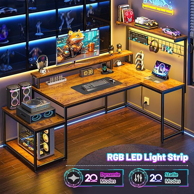 Gaming Desk with Shelves &amp Hooks 63.5L Shaped Computer Desk with LED Lights &amp Power Outlets &amp Monitor Stand and Printer Space for Home Office Writing Desk of Bedroom Living Room Rusti