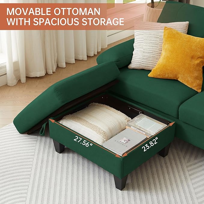 2 Pieces Sectional Sofa Set 79 3-Seat L Shaped Couches with Storage Ottoman and 59 Loveseat Sofa Set Polyester Fabric for Living Room Small Spaces Green