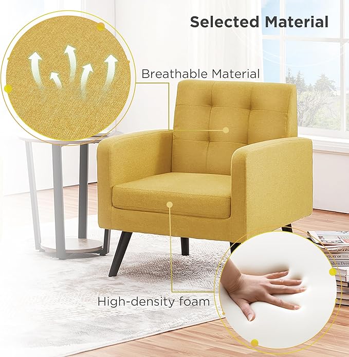 Yaheetech Mid-Century Accent Chairs Modern Upholstered Living Room Chair Cozy Armchair Button Tufted Back and Wood Legs for Bedroom/Office/Cafe Set of 2 Yellow