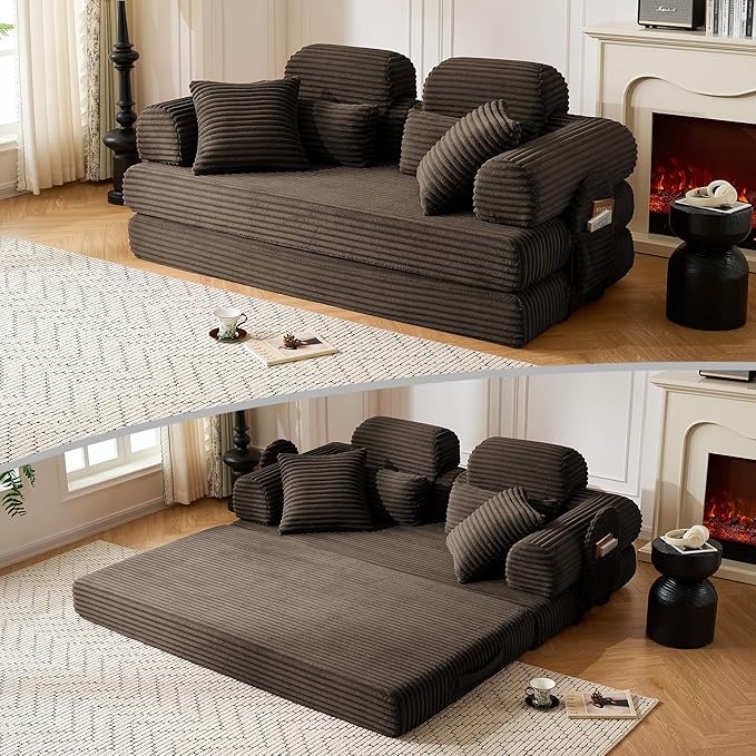 79 Sofa Bed Deep Seat 32 Sleeper Sofa 5-in-1 Convertible Sofa Bed Boneless Couch in a Box Corduroy Floor Futon with Thickened backrest and Headrest Pillows Side Pockets Brown