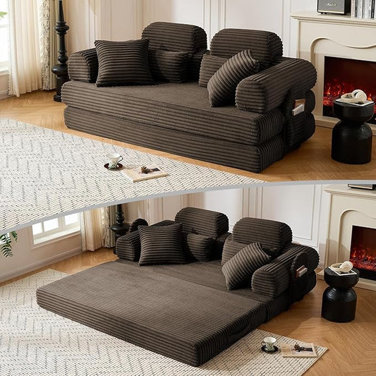 79 Sofa Bed Deep Seat 32 Sleeper Sofa 5-in-1 Convertible Sofa Bed Boneless Couch in a Box Corduroy Floor Futon with Thickened backrest and Headrest Pillows Side Pockets Brown