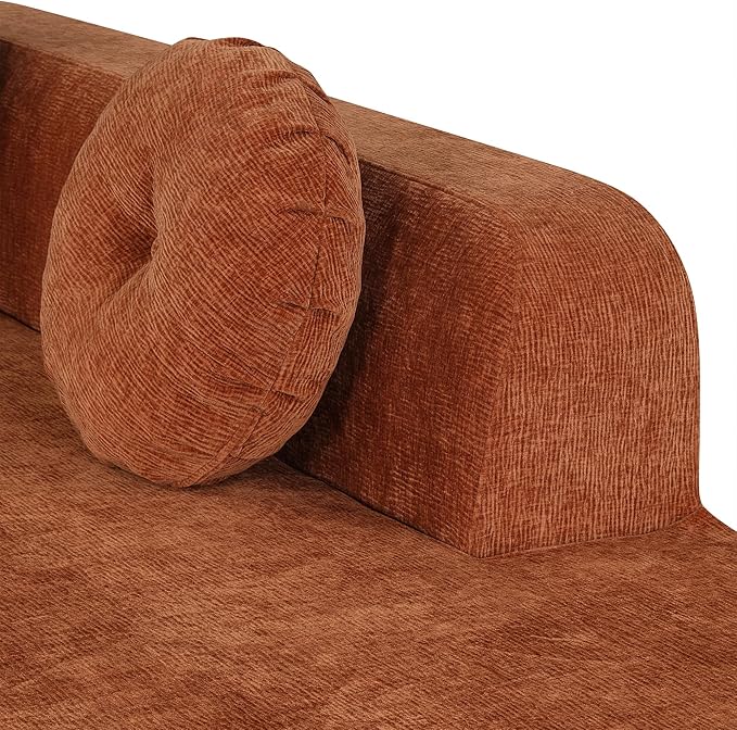 122'' Sectional Sofa Fully Compressed SpongeElegant Curved Design with Three Round Cushions Soft Fabric Upholstery High-Resilience Foam for Ultimate Comfort Orange